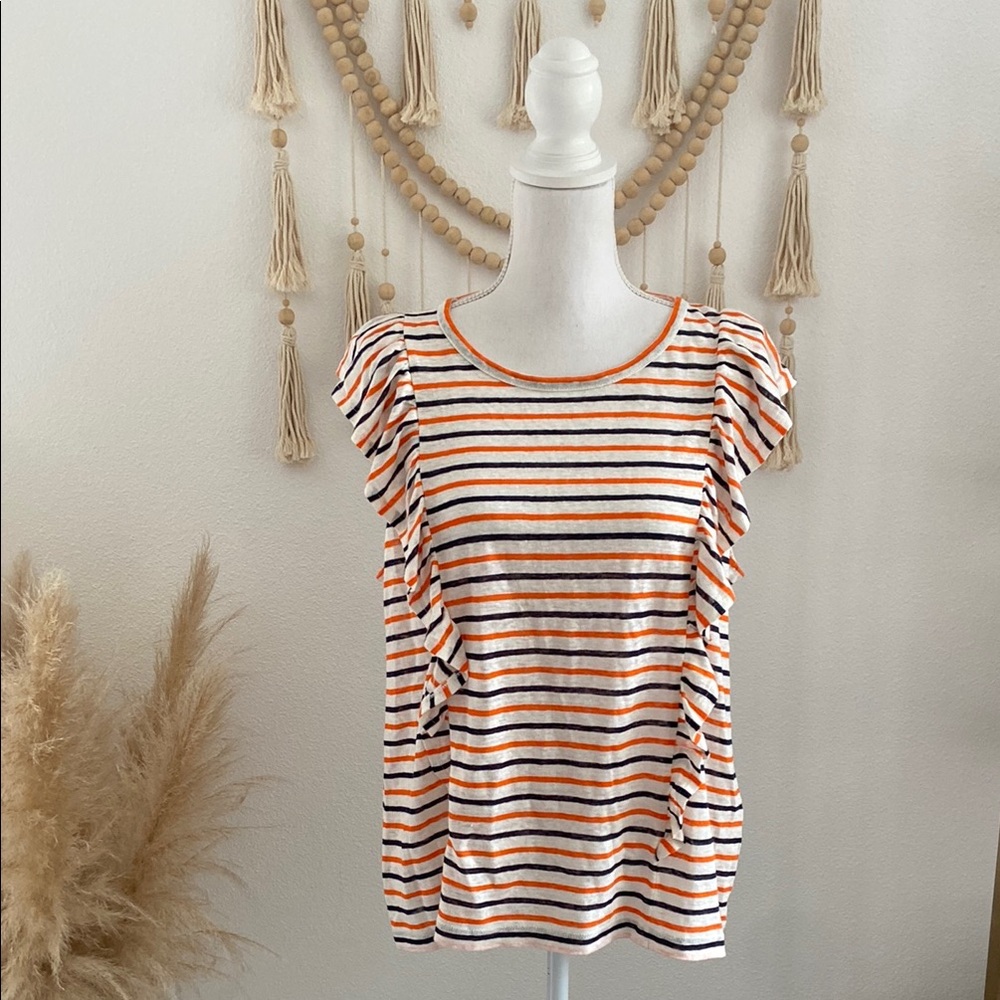 J. Crew stripe linen ruffle tank top sleeveless tee shirt orange cream Large